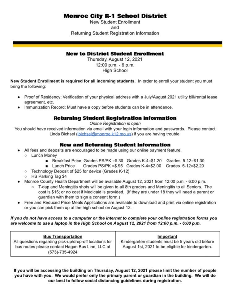 New Student Enrollment and Returning Student Online Registration Information