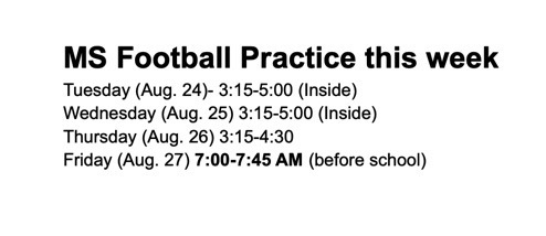 MS Football Practice for remainder of week