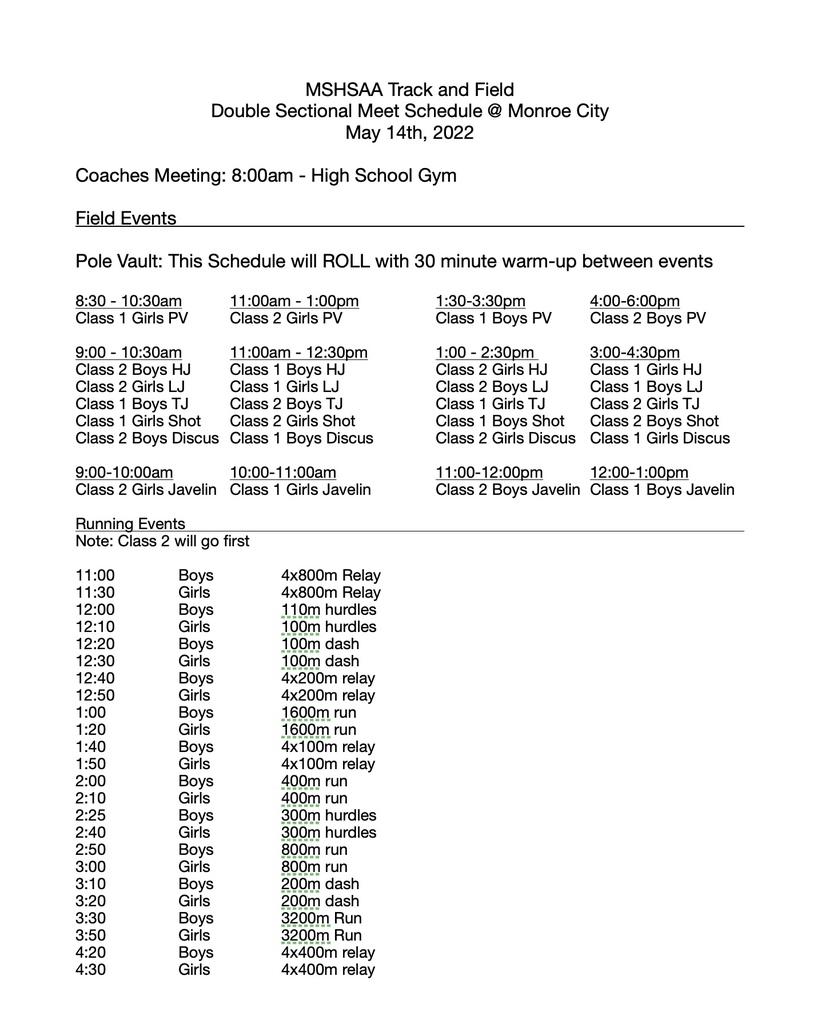 Double Sectional Schedule of Events