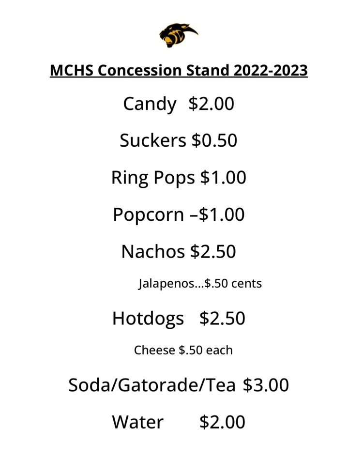 Concession Stand Prices for Games taking place in the HS Gym this season 